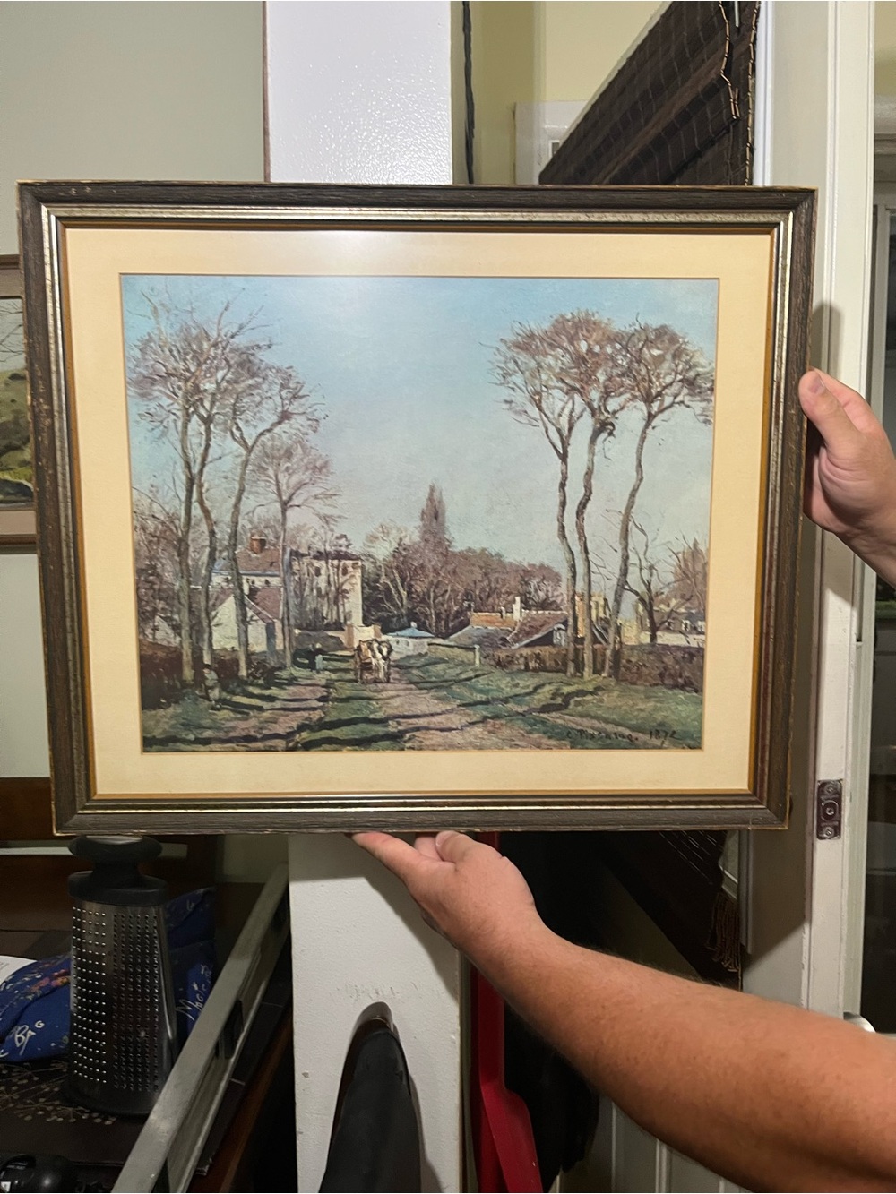 Entrance to the village 1872 print Framed Landscape Wall Art in Blue and Cream